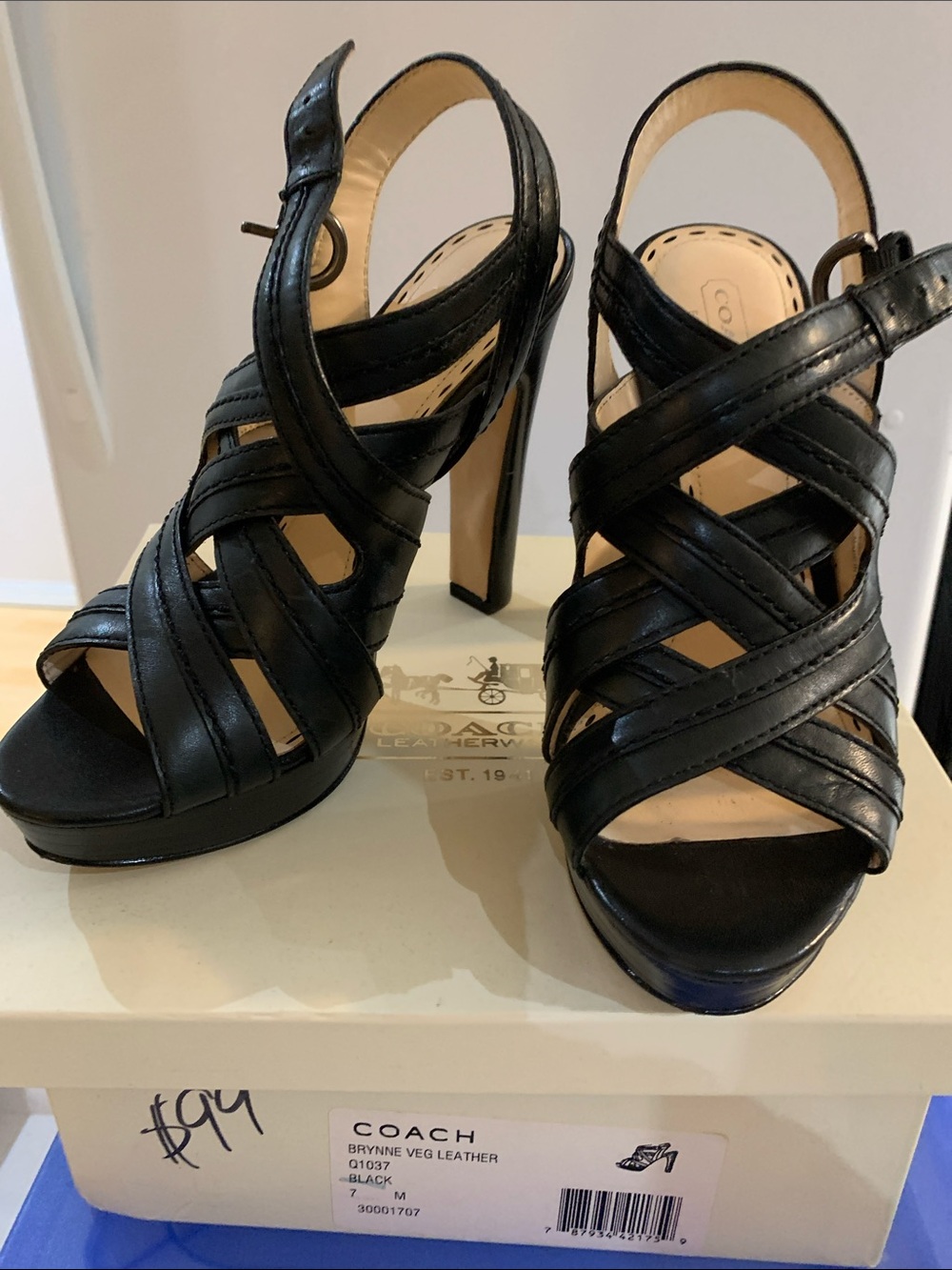 Coach Black Strappy Leather High Heel Sandals